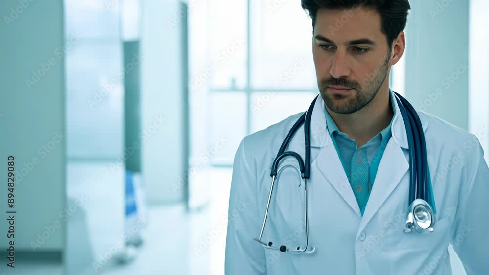 A young male doctor in a white coat with a stethoscope around his neck stands in the hospital corridor. thoughtful and focused A young male doctor in a white coat with a stethoscope around his neck stands in the hospital corridor. thoughtful and focused