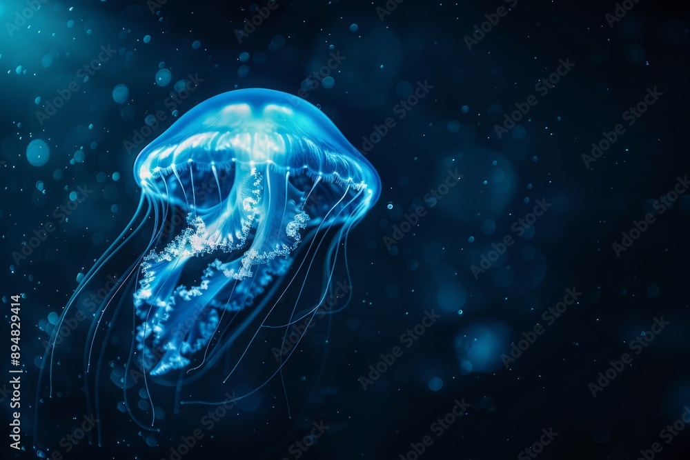 Fototapeta premium Jellyfish glows blue in the dark deep ocean