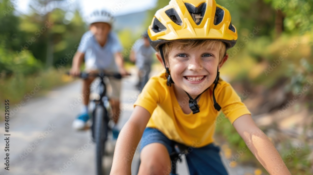 A cheerful young boy wearing a yellow helmet smiles as he rides his bike on a sunny day with two friends trailing behind on bicycles in a lush greenery setting. A cheerful young boy wearing a yellow helmet smiles as he rides his bike on a sunny day with two friends trailing behind on bicycles in a lush greenery setting.