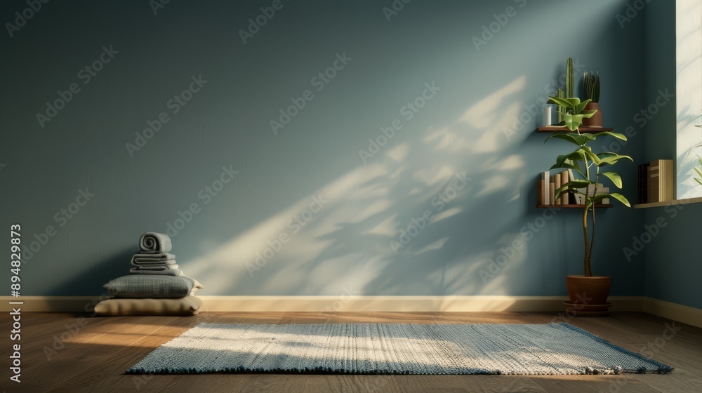 Obraz premium A serene room displaying a blue wall, cozy rug, and natural light illuminating a lush plant.
