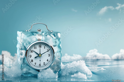 An alarm clock encased within an ice cube, symbolizing frozen time and the concept of stopping time. This imaginative representation explores themes of climate change and the impact on natural cycles photo