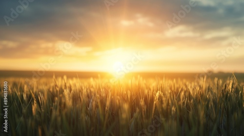 A stunning sunrise over a field, casting golden light on the crops, symbolizing new beginnings and the beauty of nature.