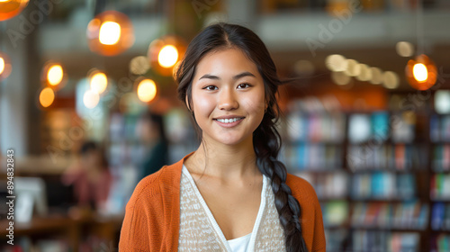 Confident high school student standing in a busy library.Generative AI