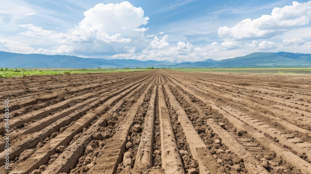 A vast agricultural field with freshly plowed soil, under a bright blue sky adorned with fluffy white clouds. A vast agricultural field with freshly plowed soil, under a bright blue sky adorned with fluffy white clouds.