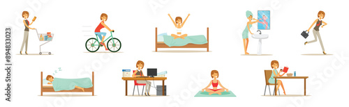 Woman Character Daily Routine Different Activity Vector Set