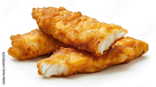 Macro view Golden crispy fried fish fingers on white background. AI generated image