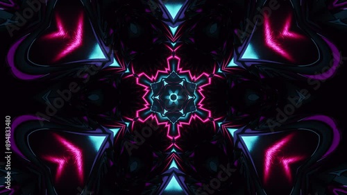 Cyber hallucinogenic snowflake fractal, blinking audio visualizer with pulsating neon retrowave colors,  dark techno trance vj loop music festival background