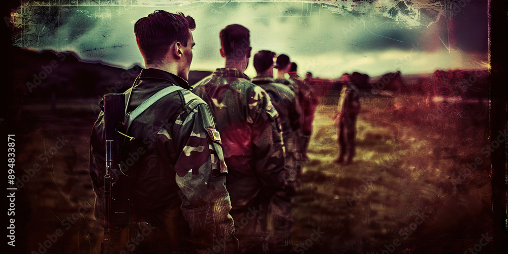 Fototapeta premium Strength in Numbers: A line of soldiers standing shoulder to shoulder, facing a distant horizon