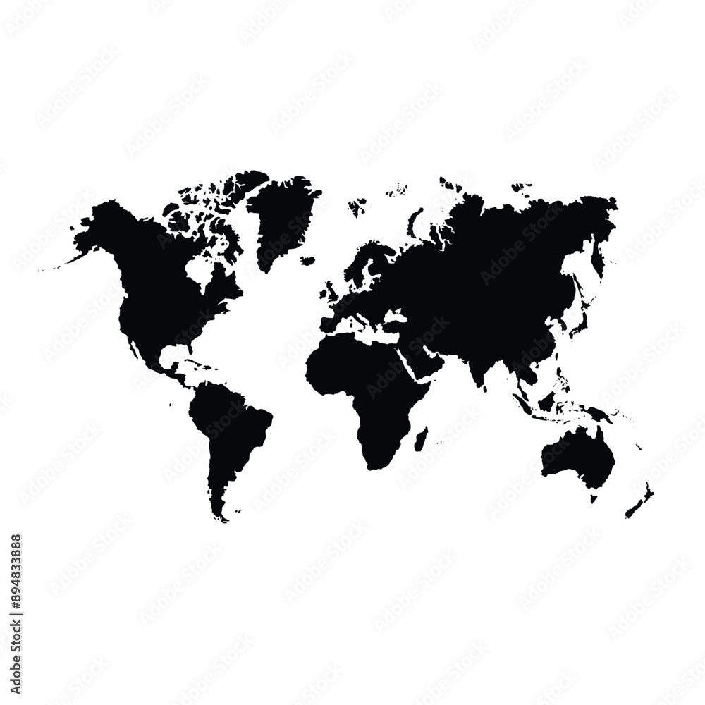 Obraz premium Black and white vector world map. Isolated on white background