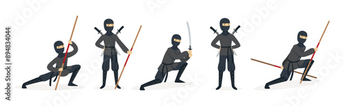 Man Ninja Character with Face Cover and Weapon Vector Set