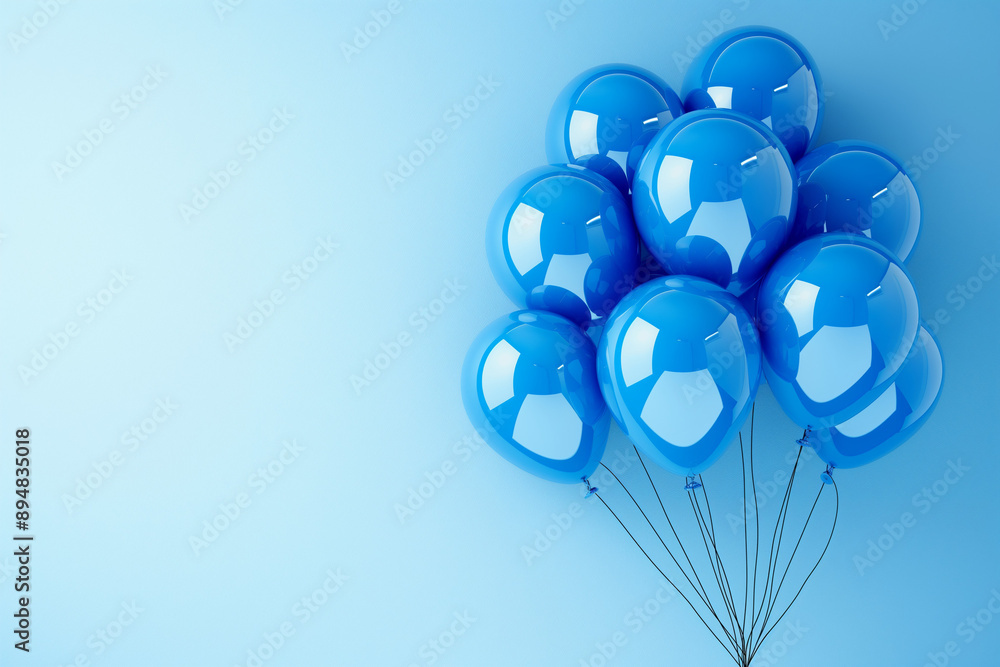 Fototapeta premium Blue helium balloons on blue background with copy space, room decoration for a birthday party, concept of happiness and celebration, bunch of big blue balloons for wedding, anniversary