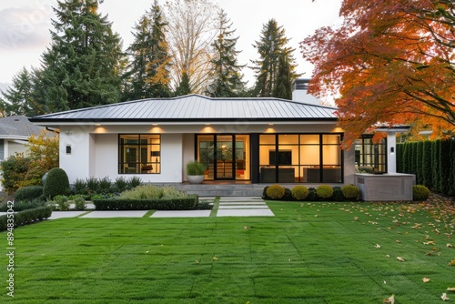 Minimalist Zen style white family house with black flat roof, and beautiful front yard with lawn in autumn