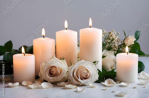 White candles with roses and flowers petals, funeral memorial, sympathy and condolences card, death notice. White roses, funeral flower.