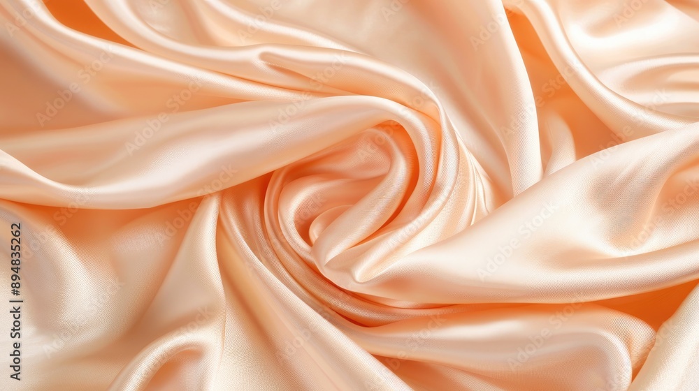 Fototapeta premium Pale peach beige silk satin fabric with delicate folds and soft drapery.