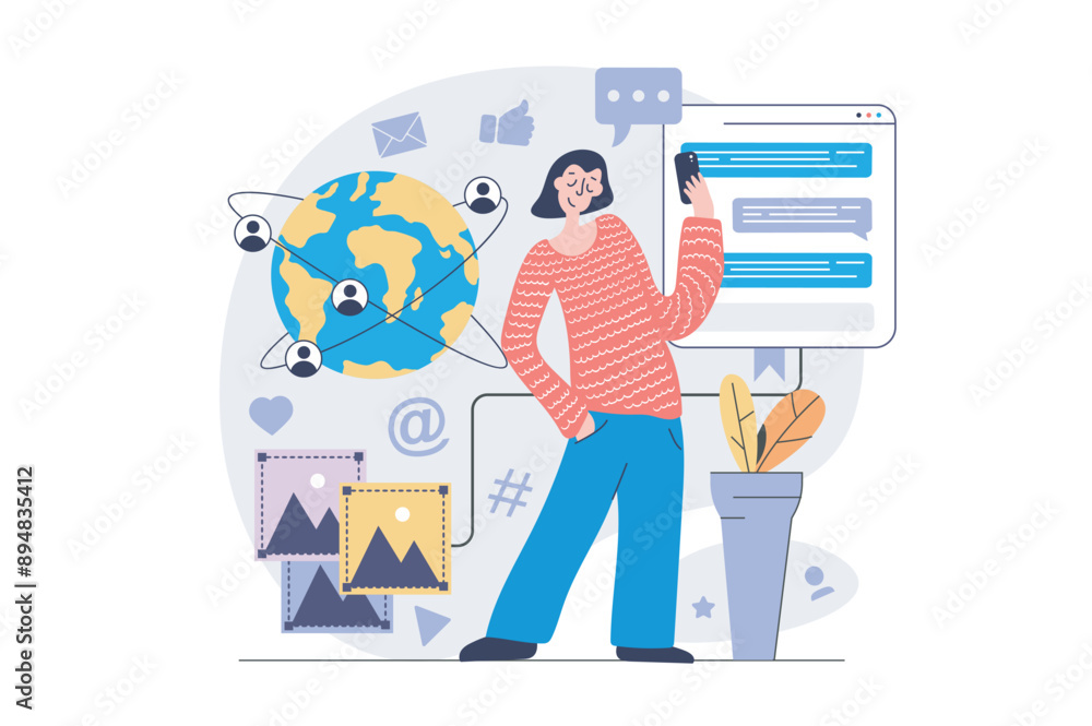 Social network concept in modern flat design for web. Woman sending messages and emails, chatting with global friends, sharing information online, making photo posts in blog. Vector illustration. Social network concept in modern flat design for web. Woman sending messages and emails, chatting with global friends, sharing information online, making photo posts in blog. Vector illustration.