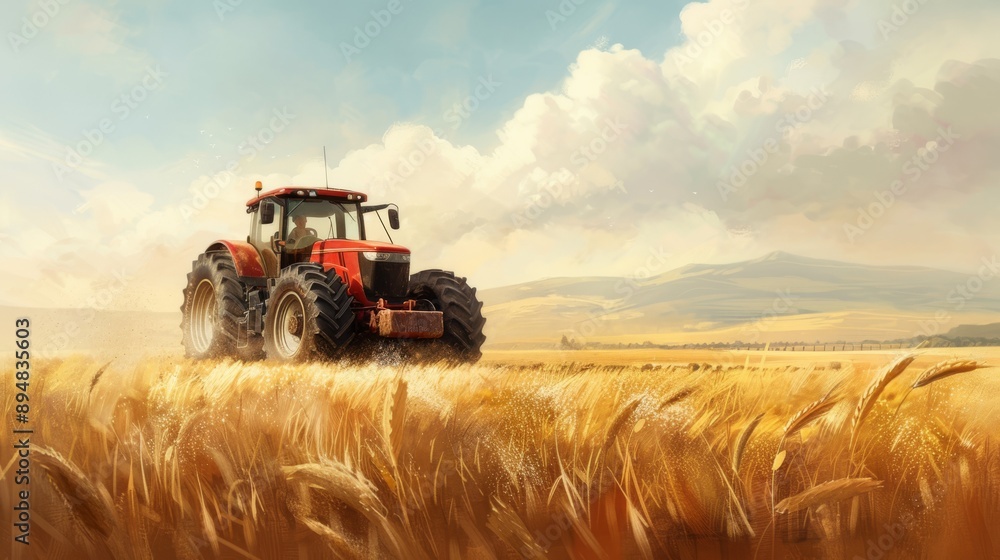 Fototapeta premium A vibrant tractor plowing golden wheat fields under a bright sky, showcasing the beauty of agricultural landscapes.