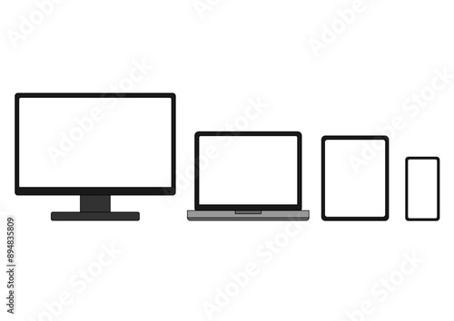 主線のある正面向きのパソコンやスマートフォンなどのデバイスのセット
