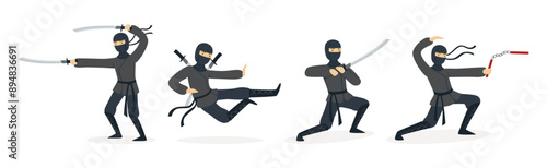 Man Ninja Character with Face Cover and Weapon Vector Set