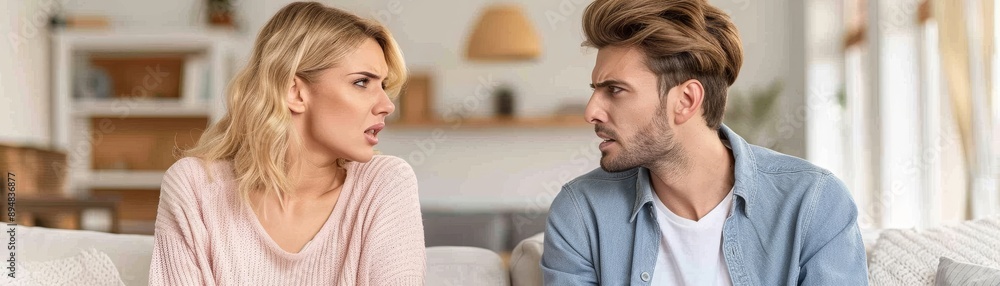 Married Couple Arguing in Living Room with Soft Lighting and Depth of Field Married Couple Arguing in Living Room with Soft Lighting and Depth of Field