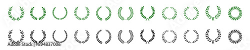 Set of laurel wreath icons. Winner symbol, green and black illustration. Vector isolated image on white background