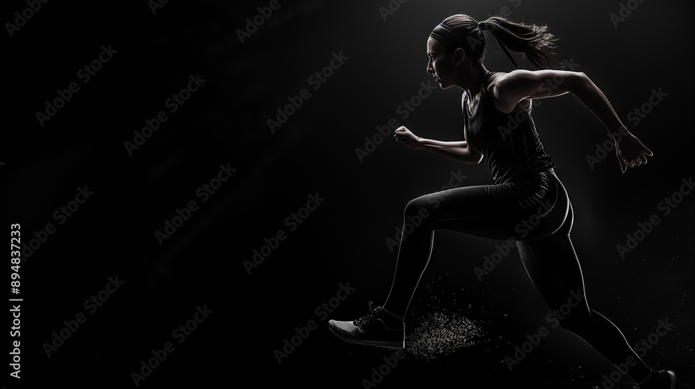 Side view of young muscular woman running on black background. Concept, sport, track and field athletics, competition and active lifestyle. for text ads Copy space Side view of young muscular woman running on black background. Concept, sport, track and field athletics, competition and active lifestyle. for text ads Copy space