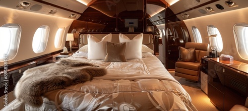 A high class bedroom inside a private jet equippe