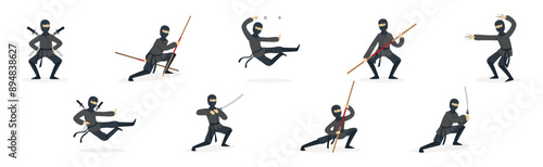 Man Ninja Character with Face Cover and Weapon Vector Set