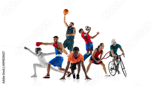 Fototapeta Naklejka Na Ścianę i Meble -  Dynamic collage. Athletes in various sports fencing, boxing, basketball, soccer, track, tennis, and cycling against white studio background. Concept of team and individual kinds of sport, finish. Ad