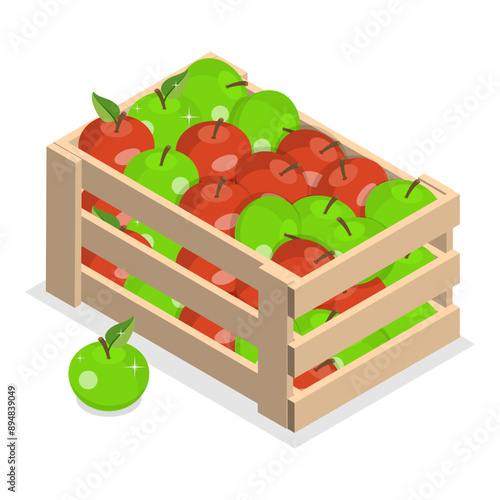 3D Isometric Flat Vector Illustration of Wood Organic Market Pack, Garden Fruits, Farming. Item 1