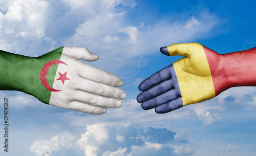 Romania and Algeria country handshaking with flags, consensus concept international co-operation illustration