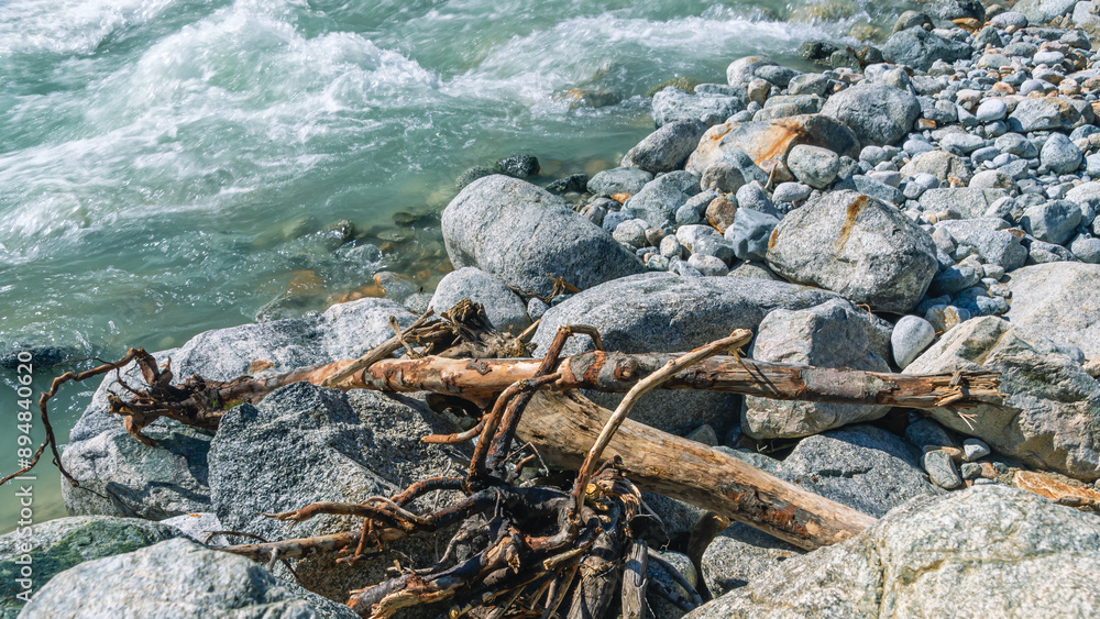 A dry tree on the riverbank. The bubbling glacial-clear water of a mountain river with large stones high in the mountains. Environmentally friendly water flows down from a glacier in the mountains. A dry tree on the riverbank. The bubbling glacial-clear water of a mountain river with large stones high in the mountains. Environmentally friendly water flows down from a glacier in the mountains.