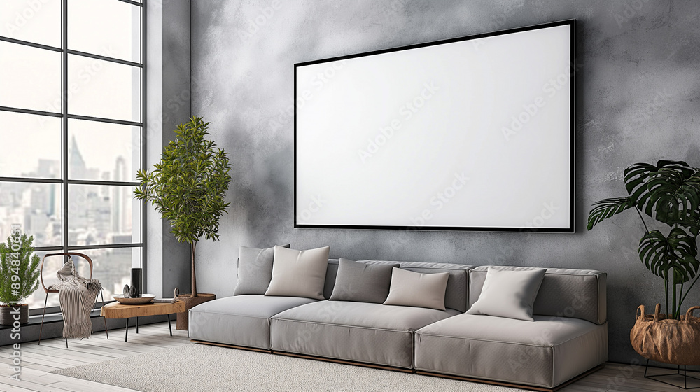 Empty frame for inserting advertising text Above the sofa, wooden table and sofa in the living room, hall, modern spacious office. 3D rendering. Empty frame for inserting advertising text Above the sofa, wooden table and sofa in the living room, hall, modern spacious office. 3D rendering.