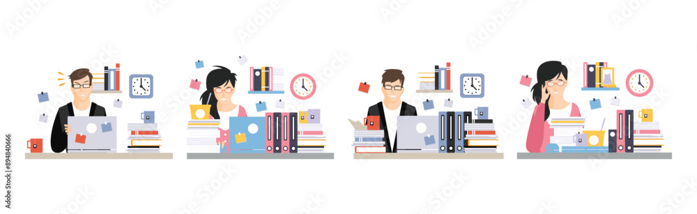 Man and Woman Office Clerk and Employee at Desk with Laptop Vector Set