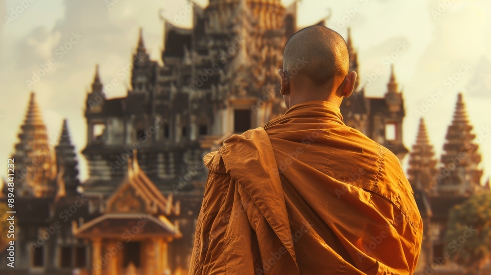 Serene Reflections: A Buddhist monk in saffron robes finds peace amidst the grandeur of an ancient temple, his back turned as if in quiet contemplation. Serene Reflections: A Buddhist monk in saffron robes finds peace amidst the grandeur of an ancient temple, his back turned as if in quiet contemplation.