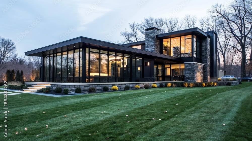 Modern architectural masterpiece surrounded by lush landscaping, featuring large windows and a stylish design, perfect for contemporary living. Modern architectural masterpiece surrounded by lush landscaping, featuring large windows and a stylish design, perfect for contemporary living.