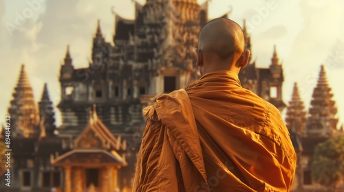 Serene Reflections: A Buddhist monk in saffron robes finds peace amidst the grandeur of an ancient temple, his back turned as if in quiet contemplation. 