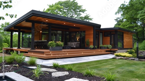 Modern home design with wooden accents and lush landscaping, featuring a spacious deck and large windows for natural light.