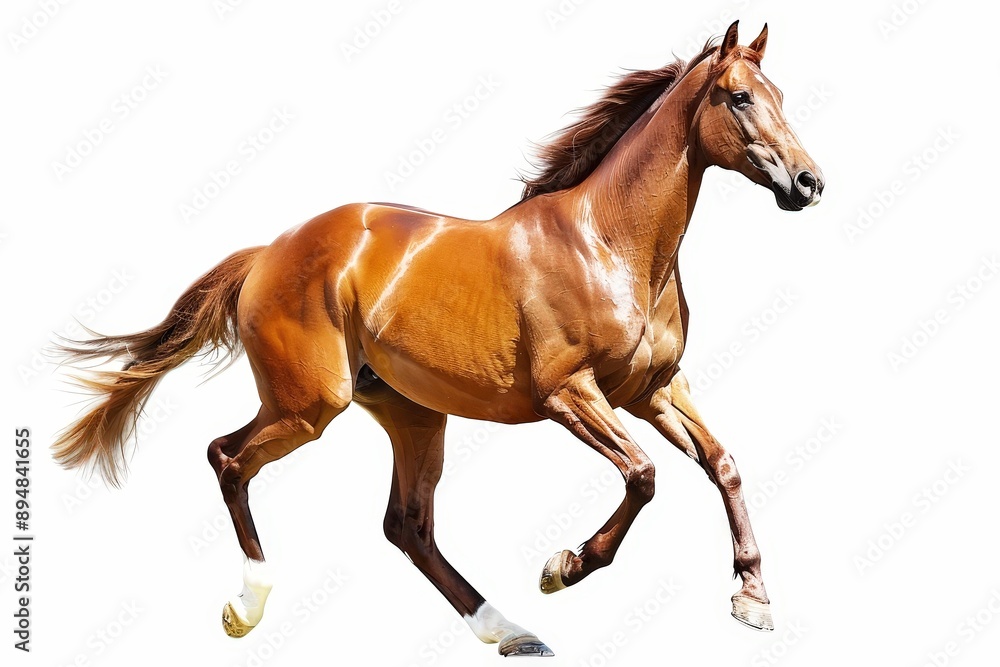 Majestic Chestnut Horse Galloping: A powerful and graceful chestnut horse with a flowing mane and tail is captured mid-gallop, showcasing its athleticism and elegance against a white background. The h Majestic Chestnut Horse Galloping: A powerful and graceful chestnut horse with a flowing mane and tail is captured mid-gallop, showcasing its athleticism and elegance against a white background. The h