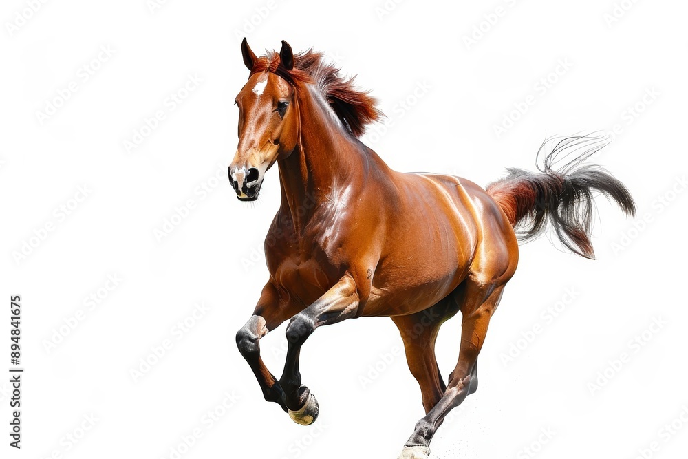 Galloping Glory: A chestnut horse in full stride, mane and tail flowing, against a pure white background. Galloping Glory: A chestnut horse in full stride, mane and tail flowing, against a pure white background.