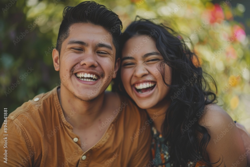 Portrait of a merry latino couple in their 20s laughing Portrait of a merry latino couple in their 20s laughing