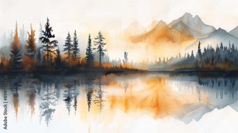 Serene watercolor landscape featuring mountains, trees, and a reflective lake at sunset, evoking tranquility and natural beauty. Serene watercolor landscape featuring mountains, trees, and a reflective lake at sunset, evoking tranquility and natural beauty.