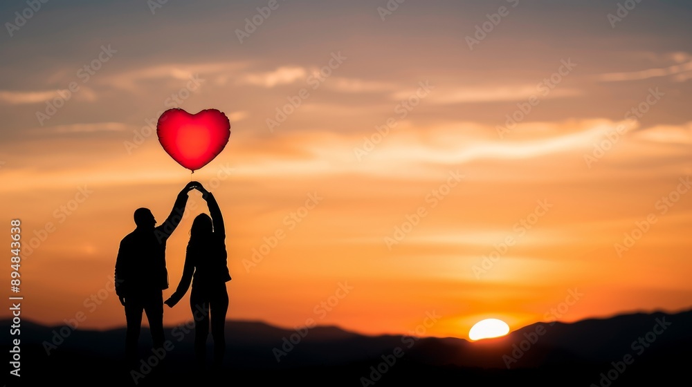 Silhouette of a couple holding hands and a heart symbol at sunset ...