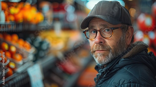 Man with glasses and a cap shopping for fresh produce in a vibrant market. Background displays colorful fruits and vegetables. © Fay Melronna 