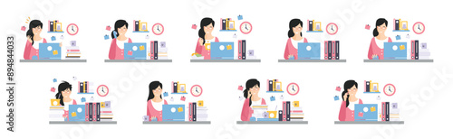 Woman Office Clerk and Employee at Desk with Laptop Vector Set