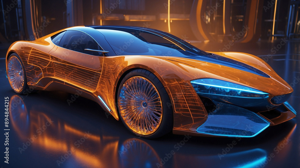 Futuristic Holographic Sports Car with Glowing Blue Wireframe
Futuristic Holographic Sports Car with Glowing Blue Wireframe