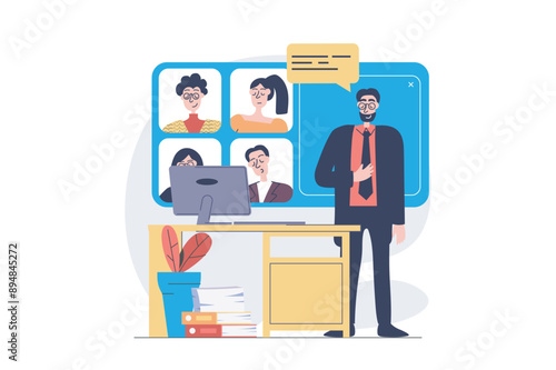 Video conference concept in modern flat design for web. Man briefing colleagues and connecting by zoom call, brainstorming and collaborating online, working in team remotely. Vector illustration.