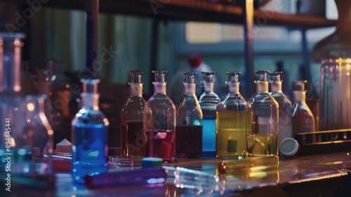 Chemical Laboratory: A Close-Up View of Glass Bottles Filled with Colorful Liquids