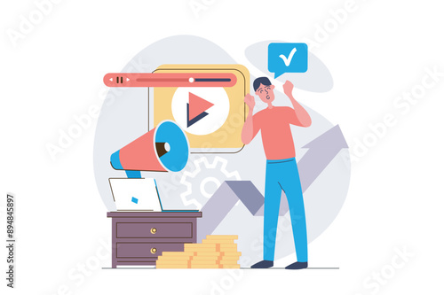 Video marketing concept in modern flat design for web. Man creating advertising video content, posting in online blog, making audience analytics with arrow growth statistics. Vector illustration.