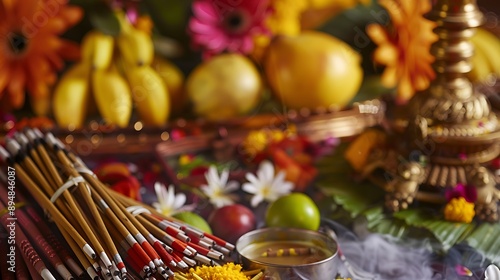 A close-up of Navaratri puja items including incense sticks, fruits, flowers, and holy water, arranged beautifully on a decorated altar. photo