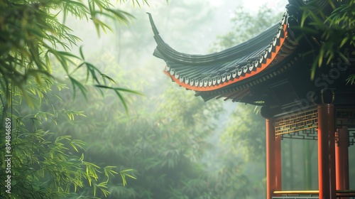 Ancient Chinese buildings in bamboo forest,created with Generative AI tecnology.